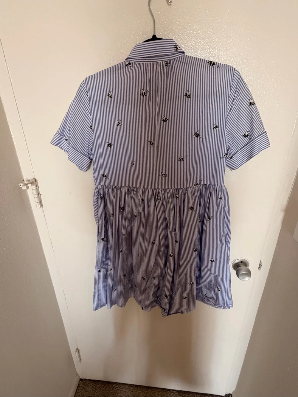 Blue Striped Bumble bee Embroidered Button-Front Shirt Dress
